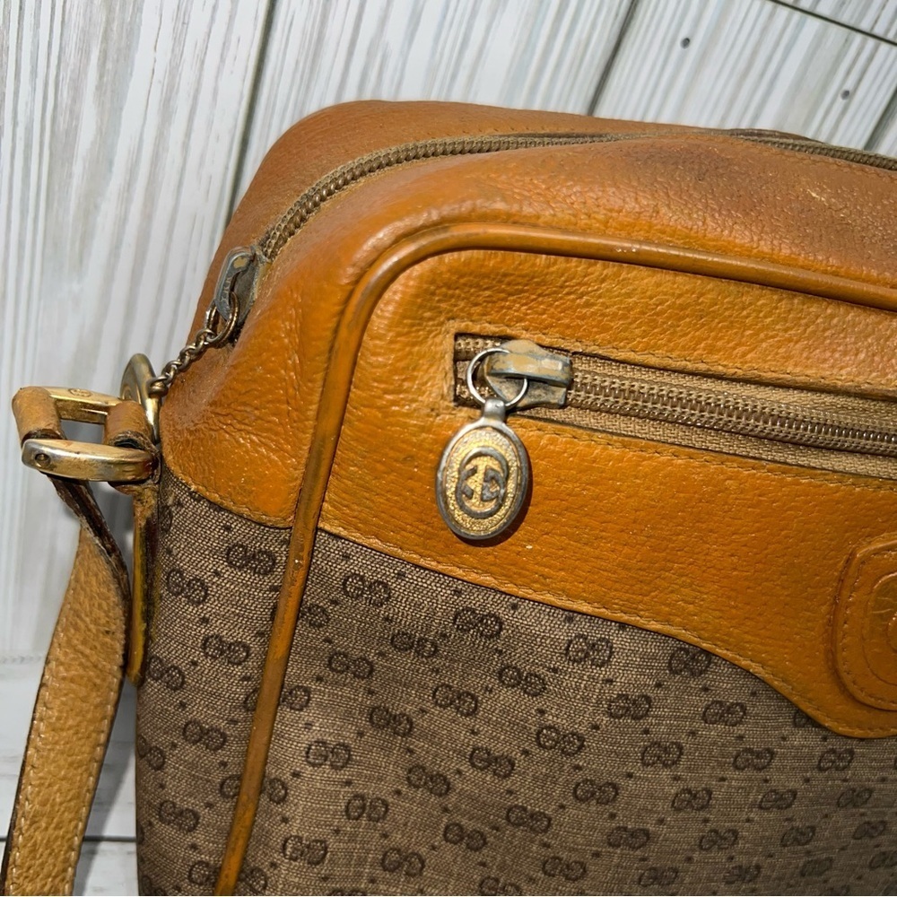Gucci Vintage GG Monogram Canvas Crossbody Bag Brown Leather Trim Messenger - Picture 3 of 12